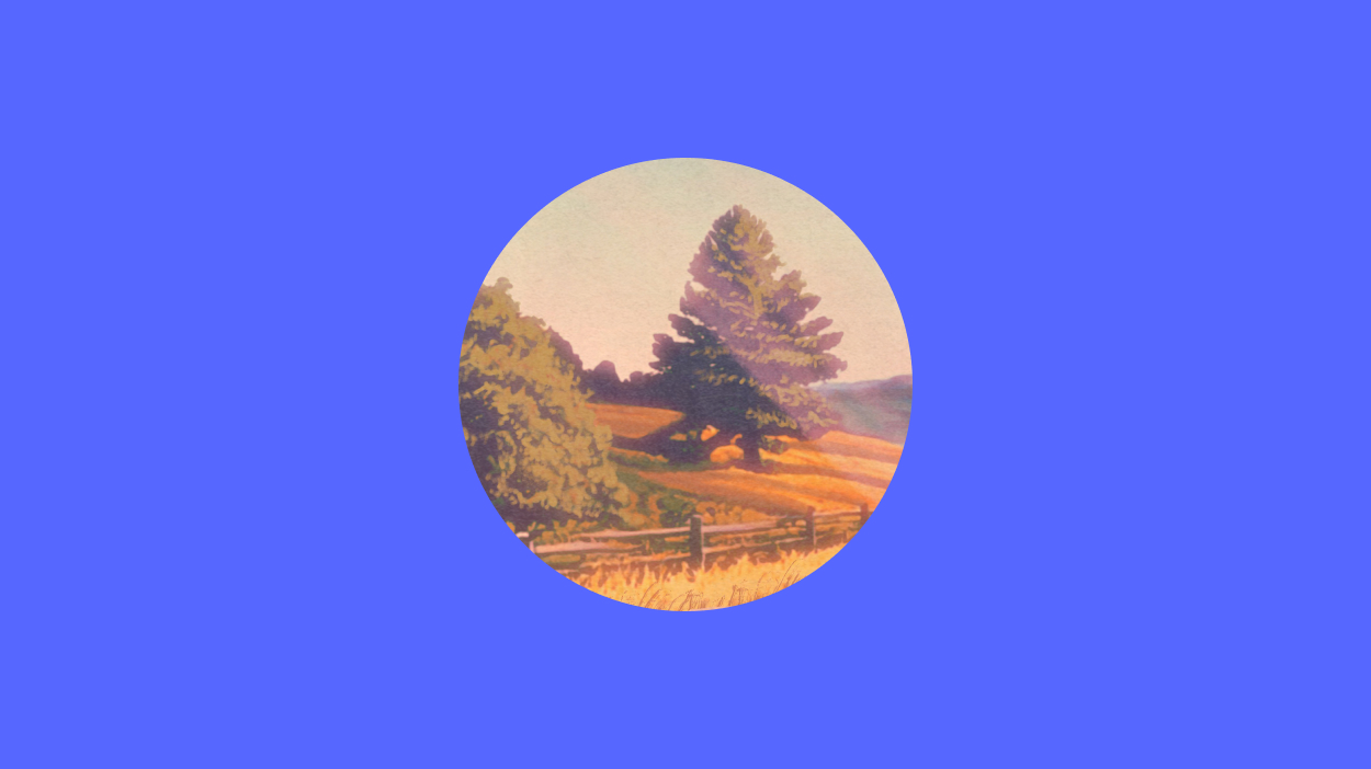 Illustration of trees in a field in a circle with blue background.