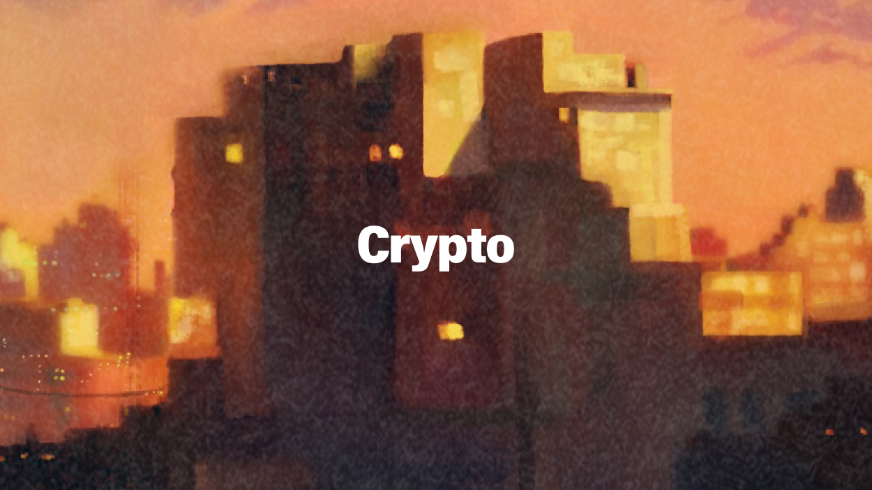 Illustration of town skyline with the word Crypto written over it.